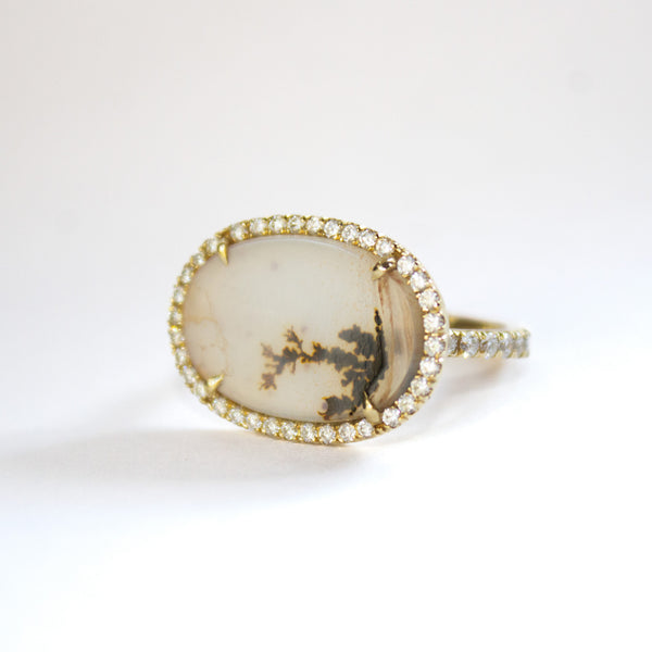 Dendritic Agate Portrait Ring with Diamonds